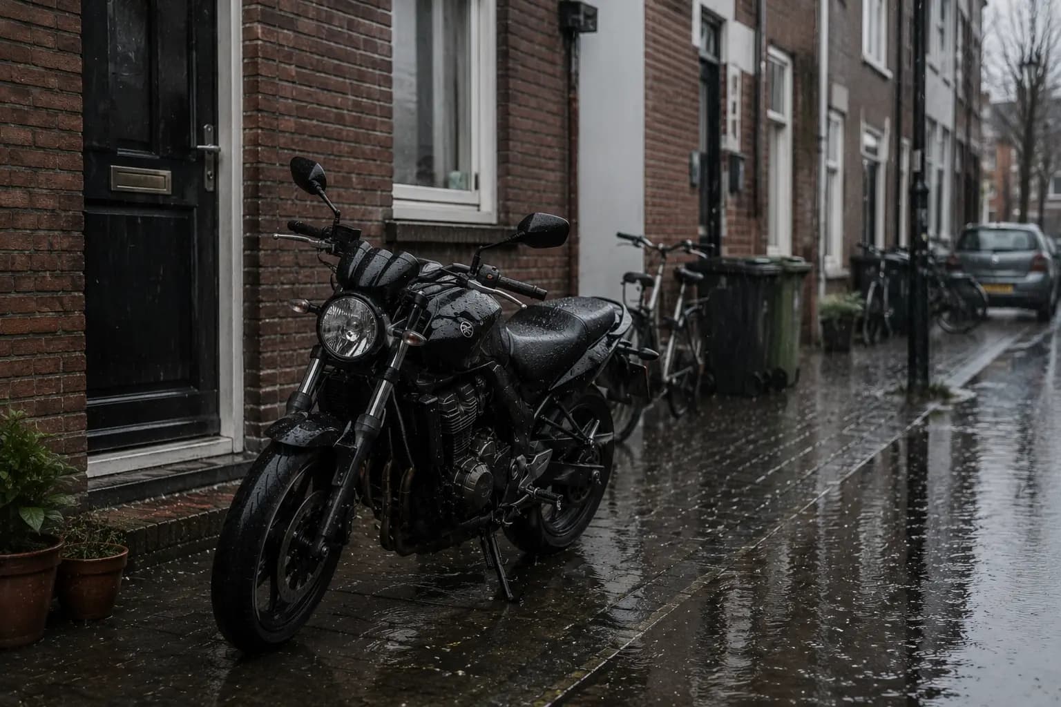Motor staat buiten voor de deur in de regen