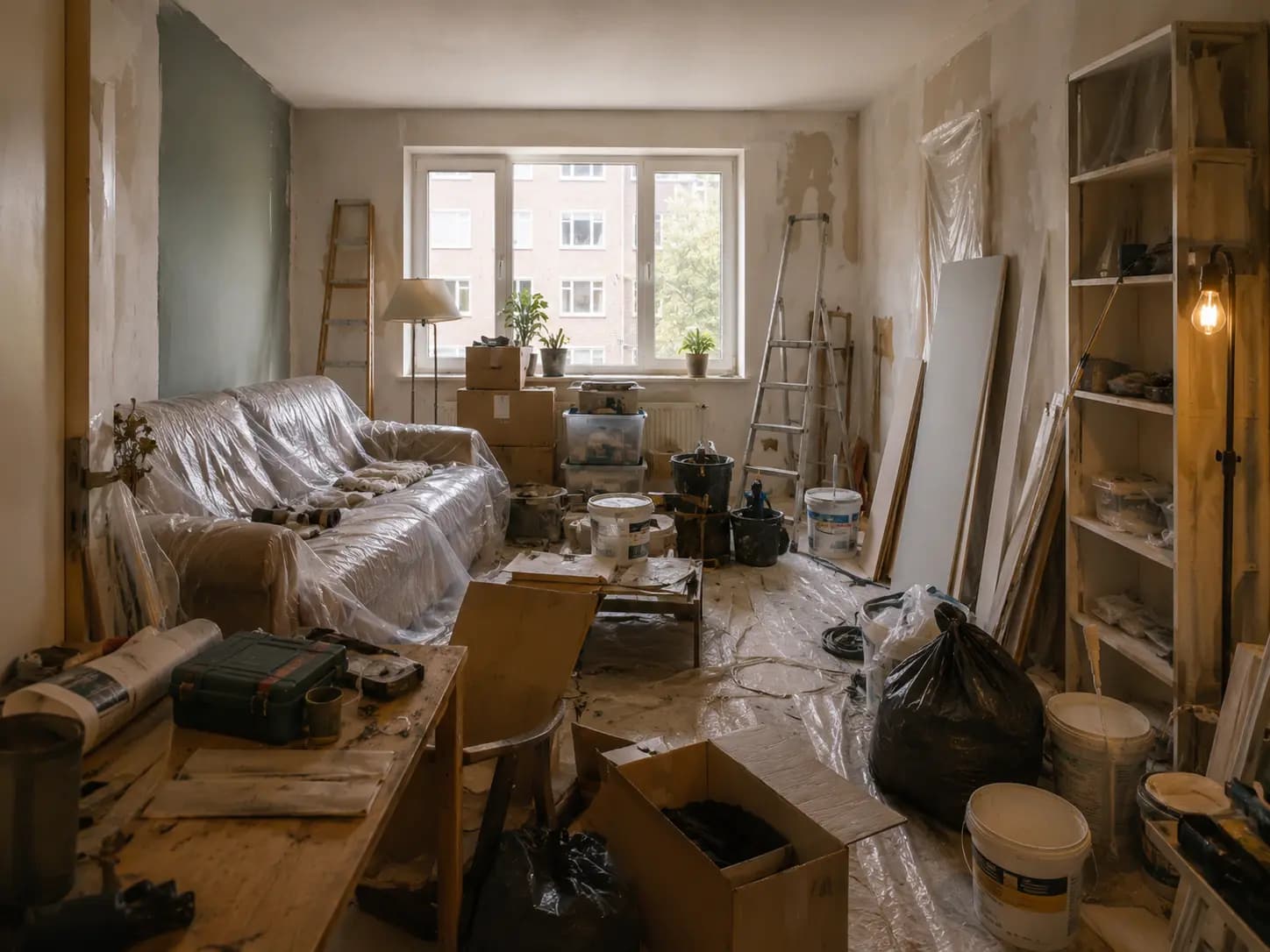 Verbouwing in huis met meubels, dozen en materialen in de weg