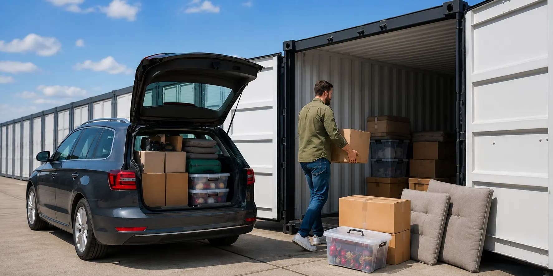 Man brengt dozen vanuit de auto direct naar een opslagbox